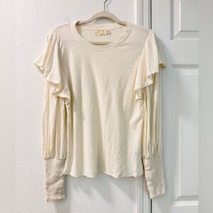 Anthropologie Nation Ltd SmockedCuff ruffles shoulder LongSleeve Top SizeM cream
